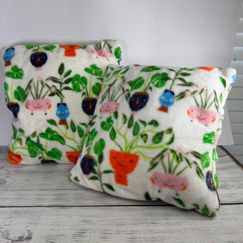 Set of 2 Plant Lover Plush Throw Pillows 14x14 Whimsical Potted Plants Print